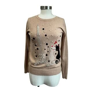 S. Christina 100% Cashmere Tan Eiffle Tower Romantic Cats Sweater Size S/M